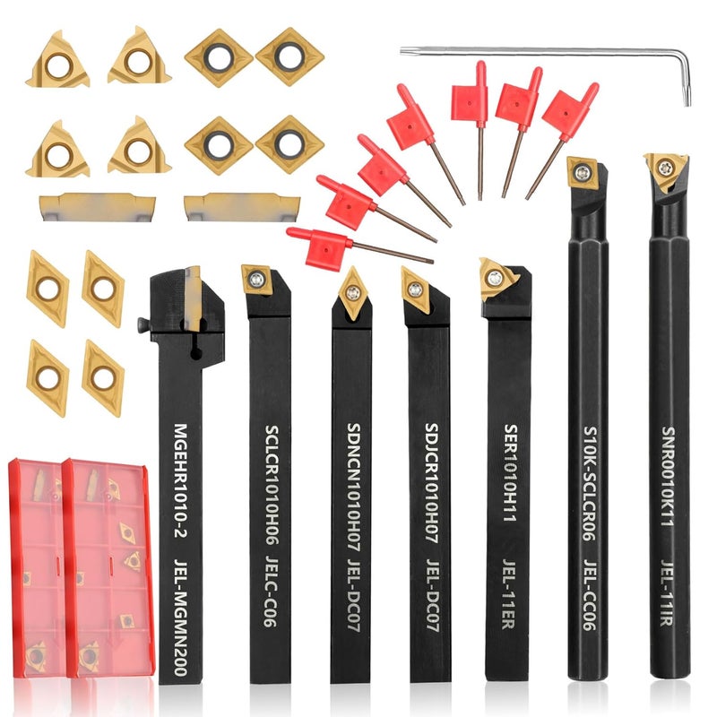 Joogto Indexable Lathe Turning Tool 21Pcs Kit 3/8'' 10mm Shank 7Pcs Metal Lathe Tools Holder Set with 14Pcs Turning Inserts for Turning Grooving Threading Boring Carbide Inserts Carbide Turning Tool - Image 1